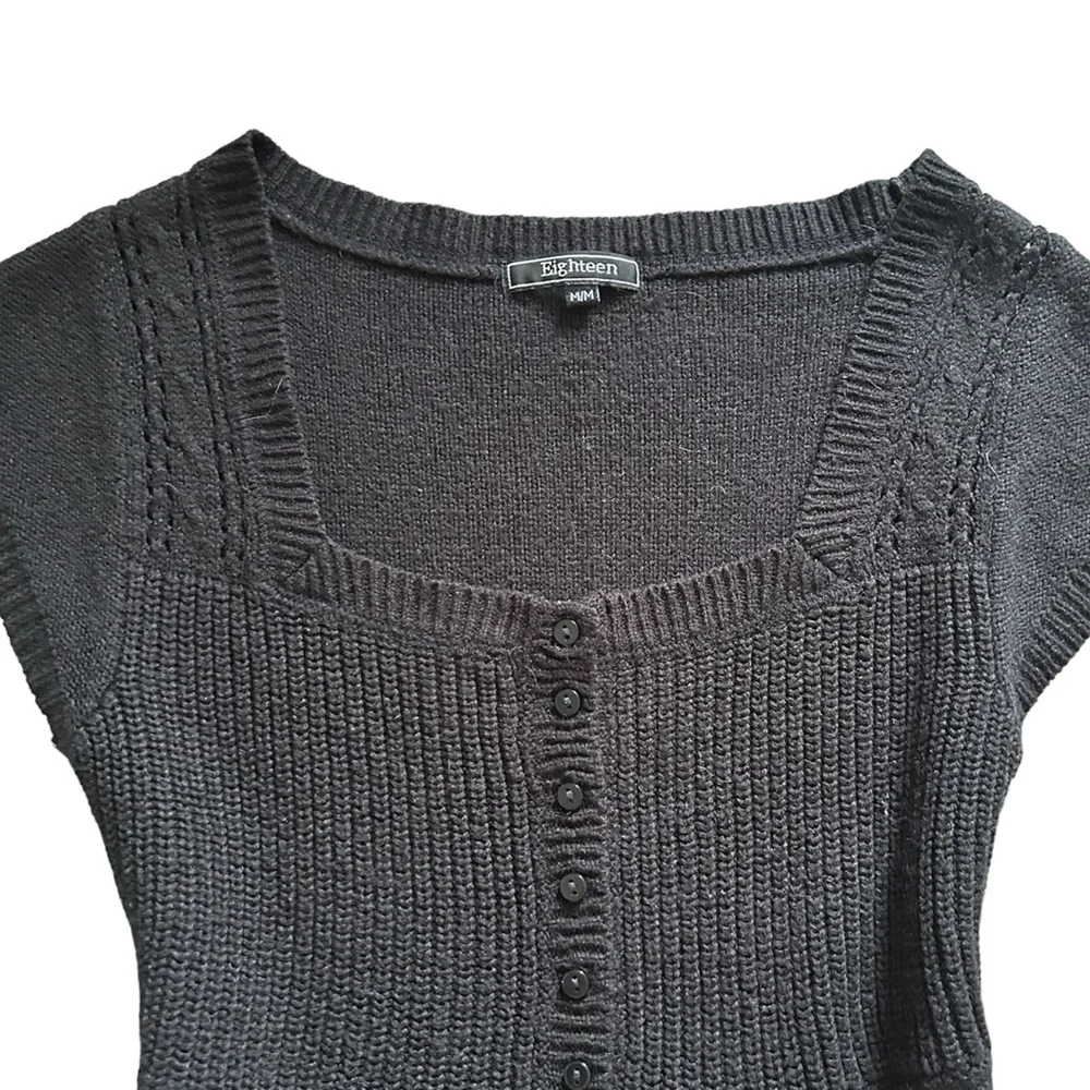 Coquette Y2K Black Short Sleeve Knit Button up Prairie Style Top - Picture 4 of 6